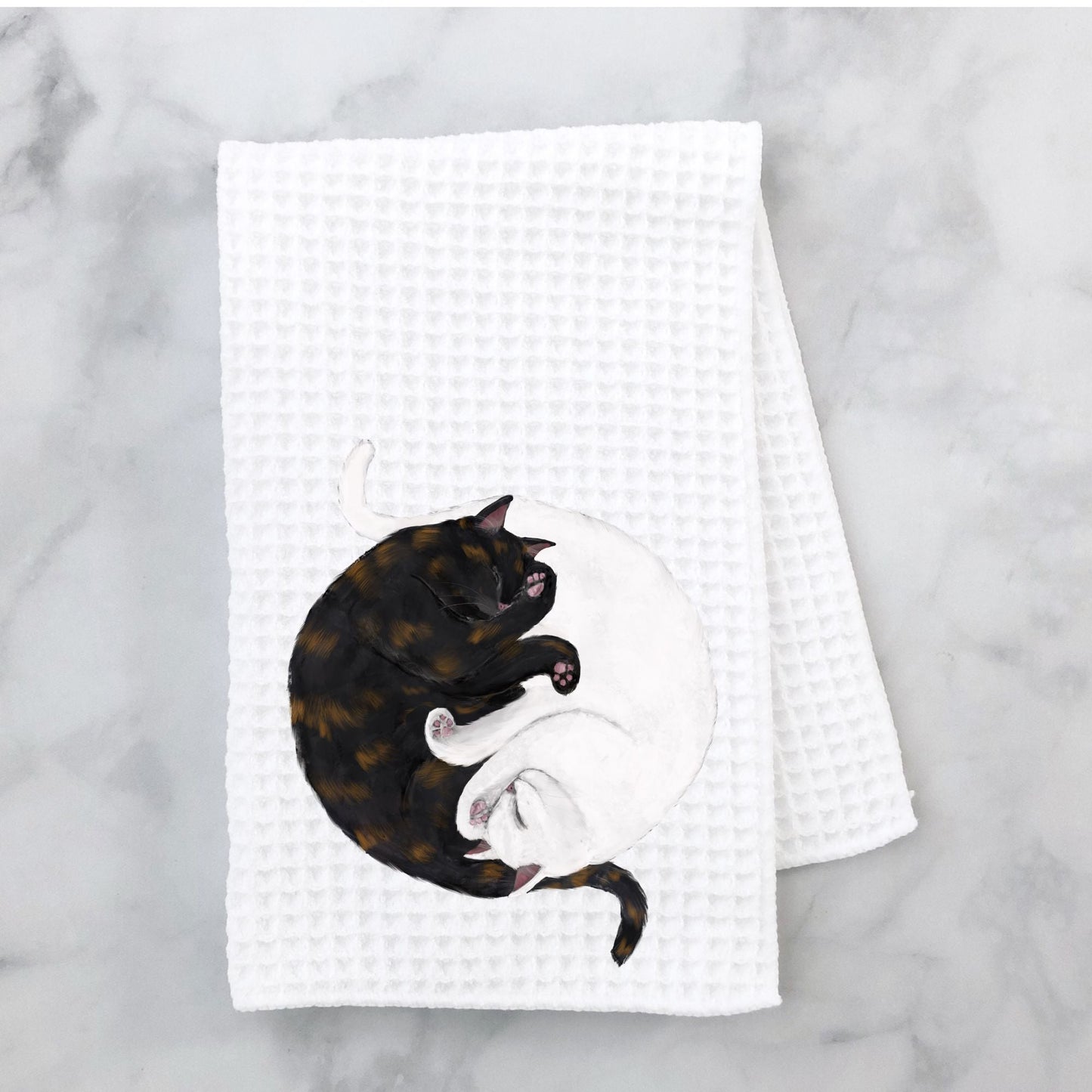 Sleeping Tortoiseshell and White Cats Waffle Weave Kitchen Towel - MerikaArt