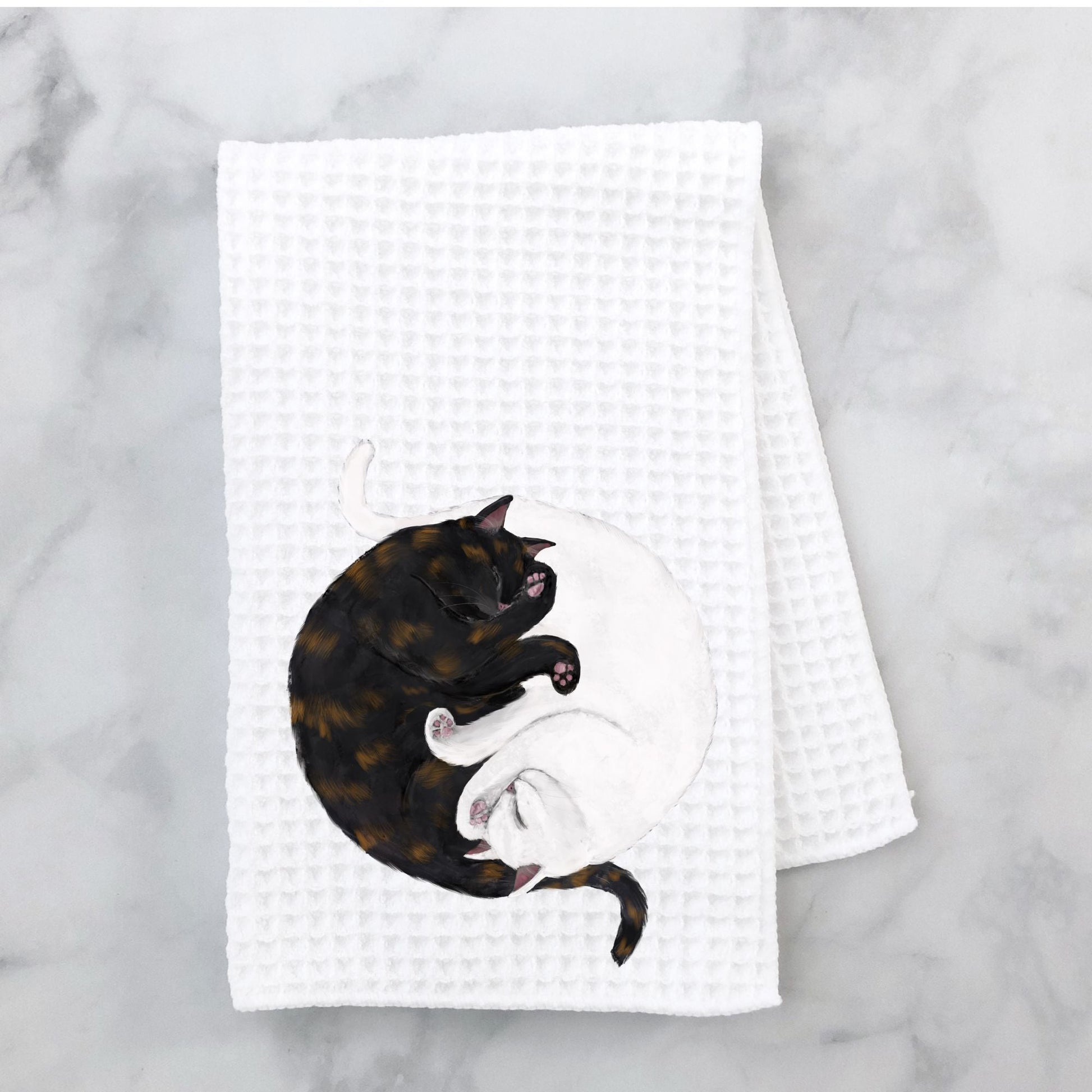 Sleeping Tortoiseshell and White Cats Waffle Weave Kitchen Towel - MerikaArt
