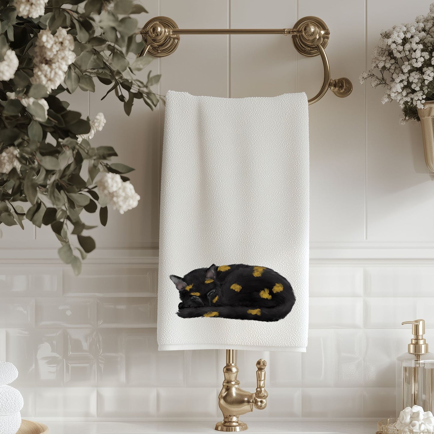 Sleeping Tortoiseshell Cat Bathroom Towel - MerikaArt