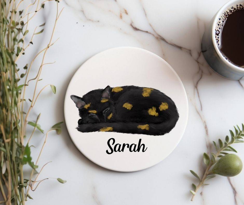 Sleeping Tortoiseshell Cat Ceramic Coaster - MerikaArt