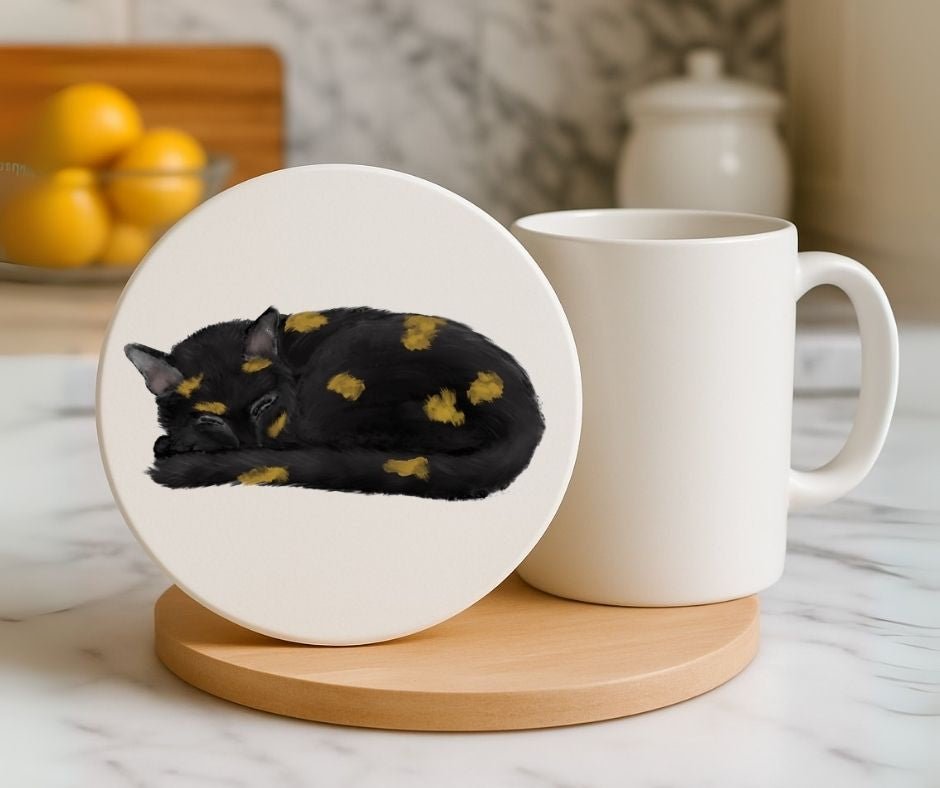 Sleeping Tortoiseshell Cat Ceramic Coaster - MerikaArt