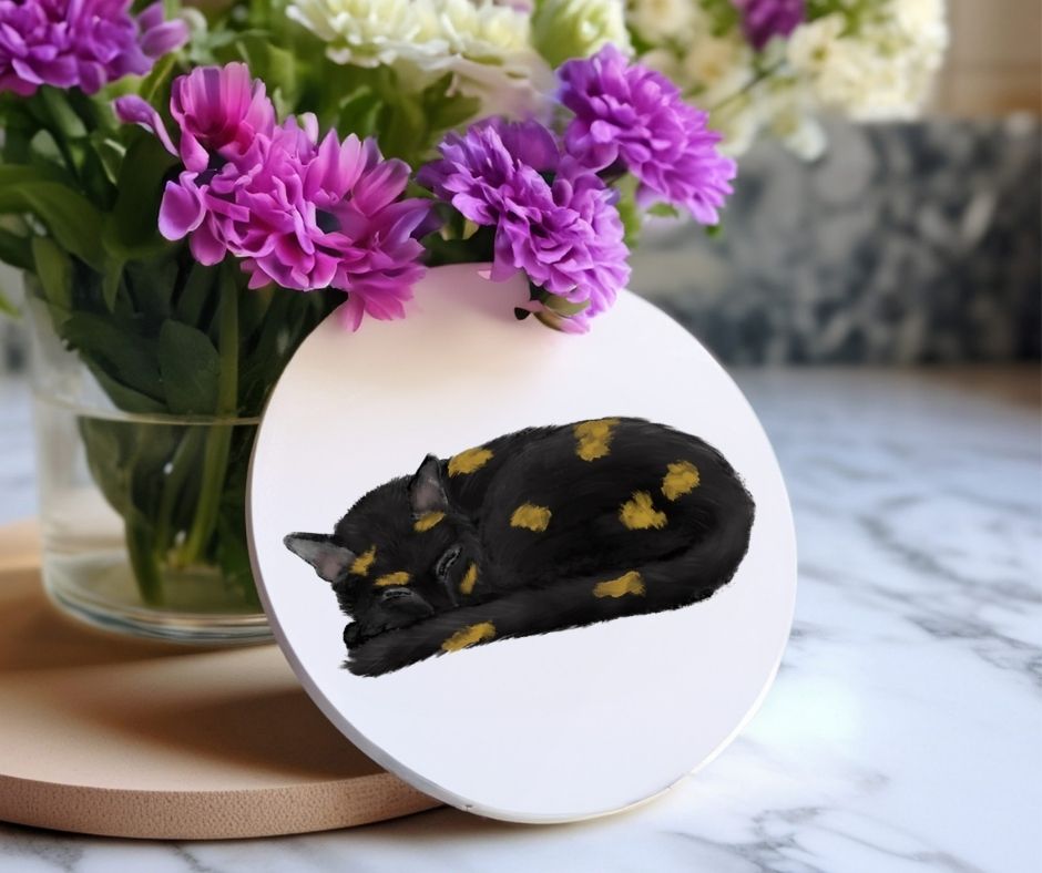 Sleeping Tortoiseshell Cat Ceramic Coaster - MerikaArt