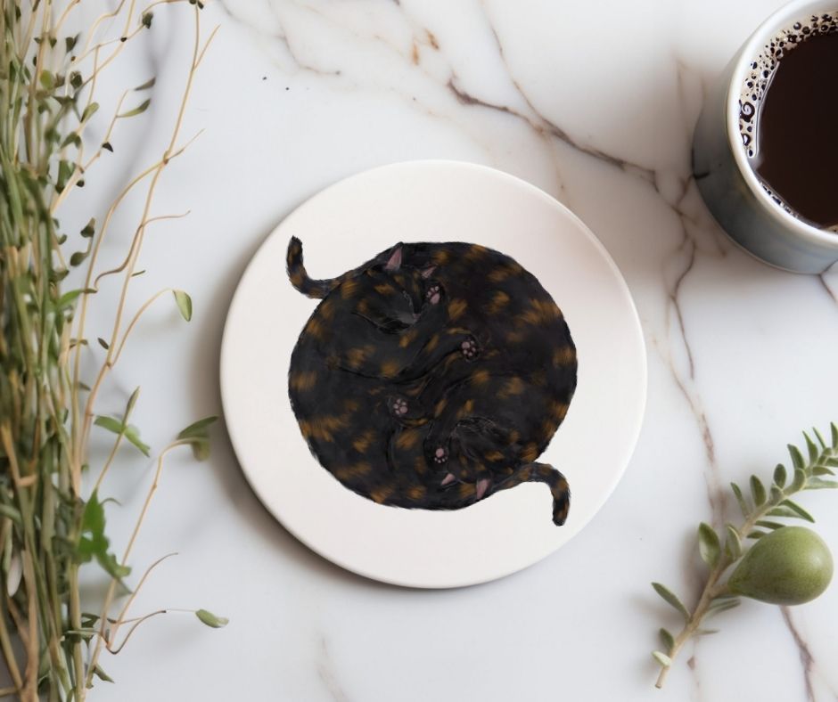 Sleeping Tortoiseshell Cats Ceramic Coaster - MerikaArt