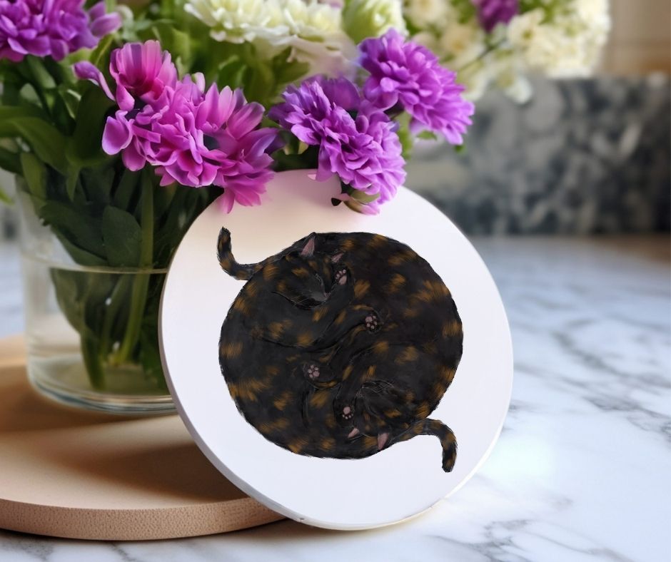 Sleeping Tortoiseshell Cats Ceramic Coaster - MerikaArt