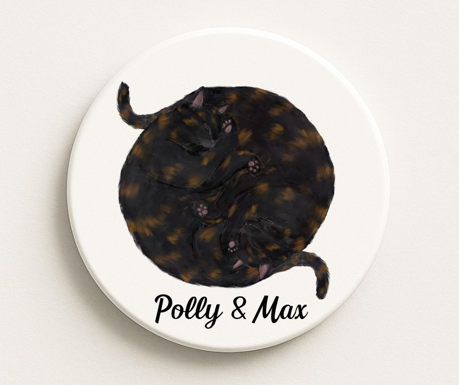Sleeping Tortoiseshell Cats Ceramic Coaster - MerikaArt