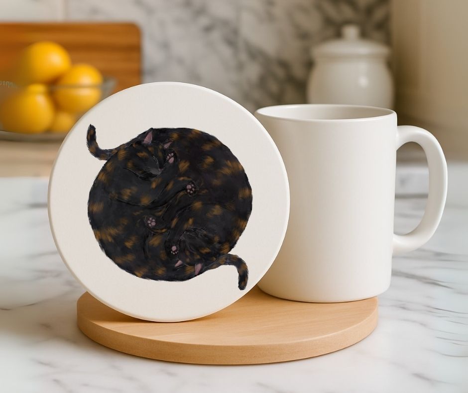 Sleeping Tortoiseshell Cats Ceramic Coaster - MerikaArt
