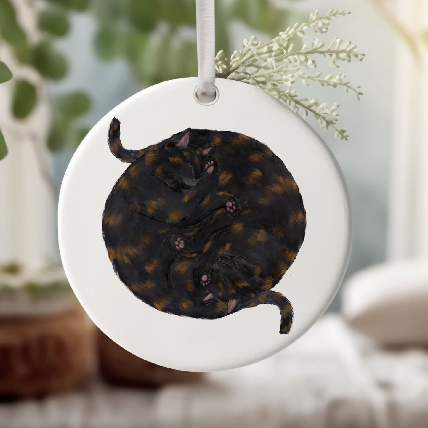 Sleeping Tortoiseshell Cats Ceramic Ornament - MerikaArt