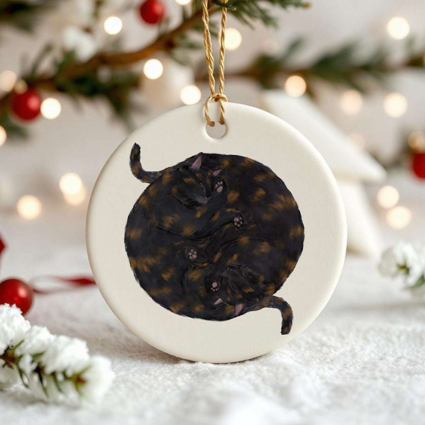 Sleeping Tortoiseshell Cats Ceramic Ornament - MerikaArt