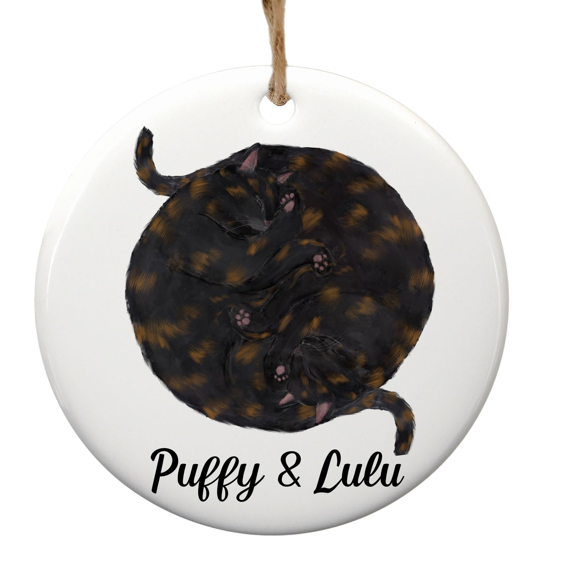 Sleeping Tortoiseshell Cats Ceramic Ornament - MerikaArt