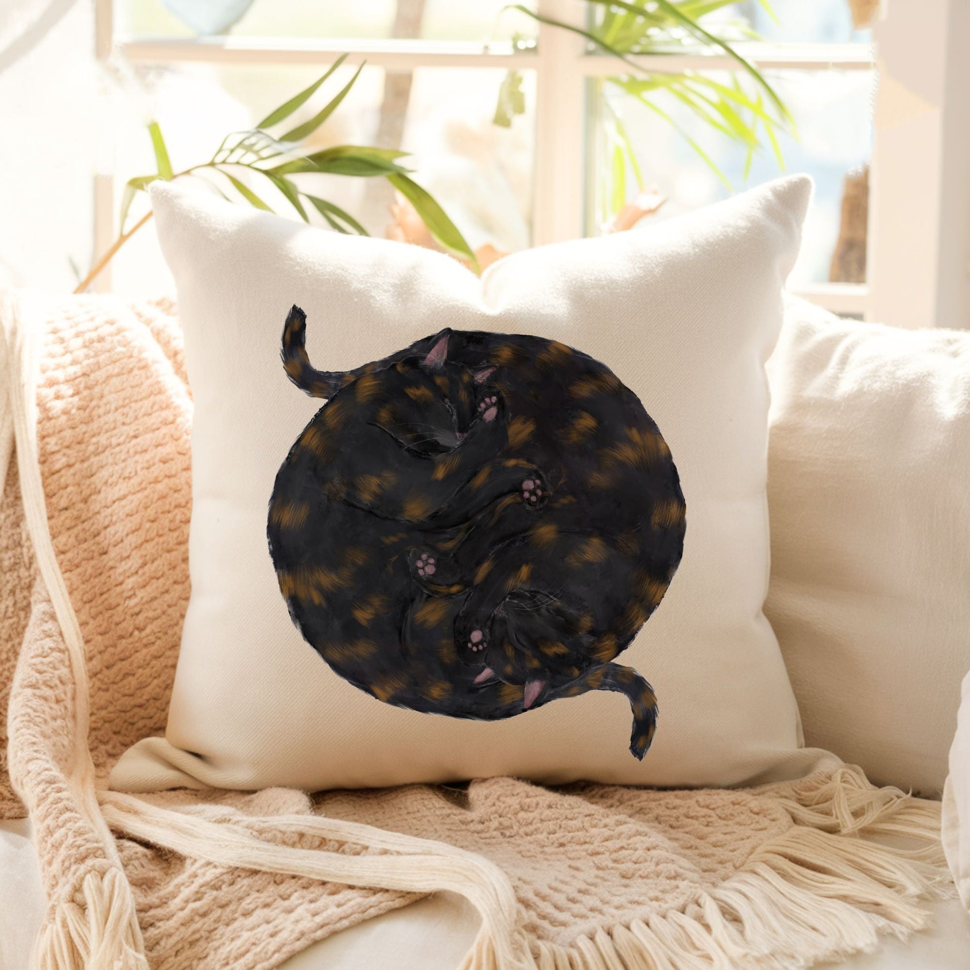 Sleeping Tortoiseshell Cats Pillow - MerikaArt