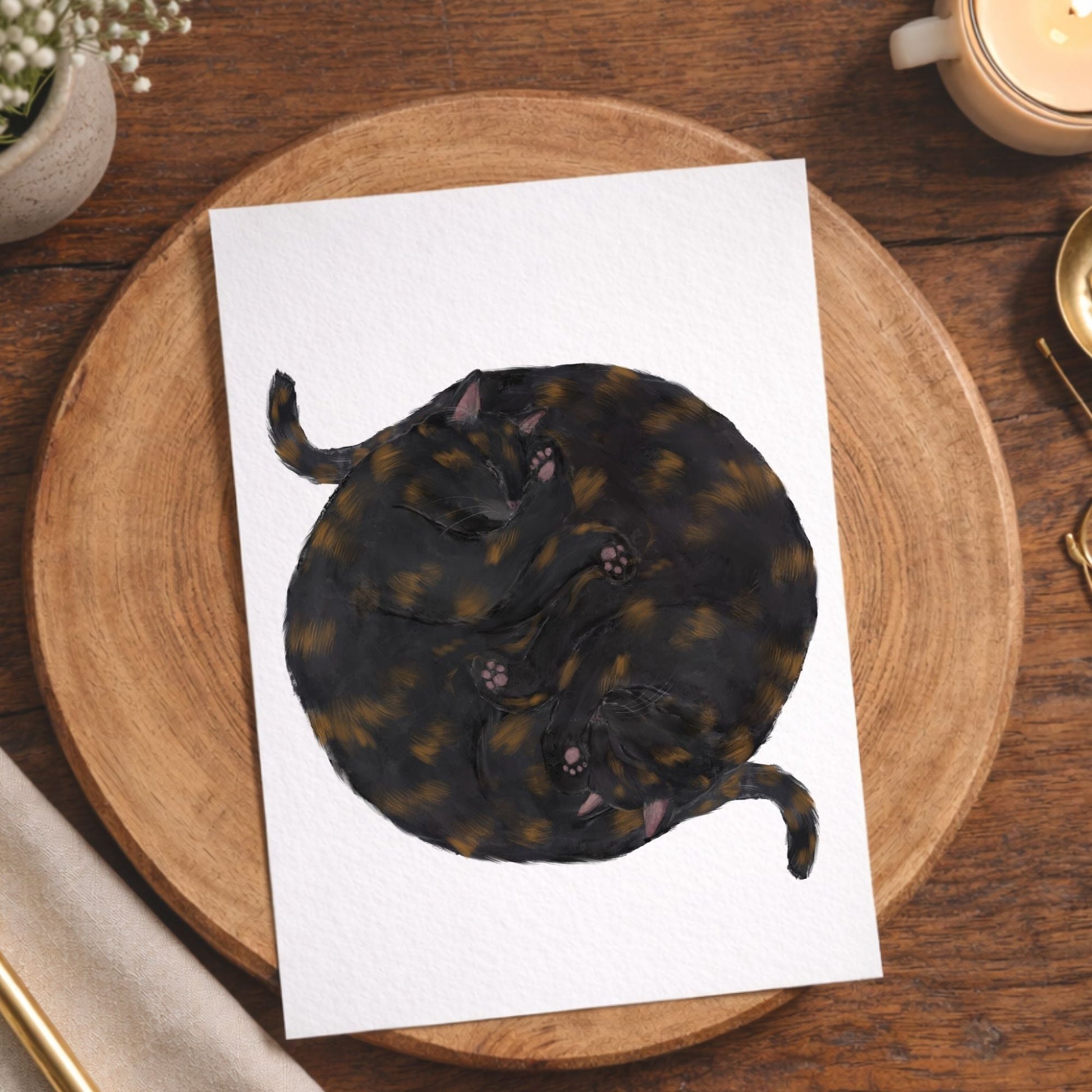 Sleeping Tortoiseshell Cats Postcards - MerikaArt