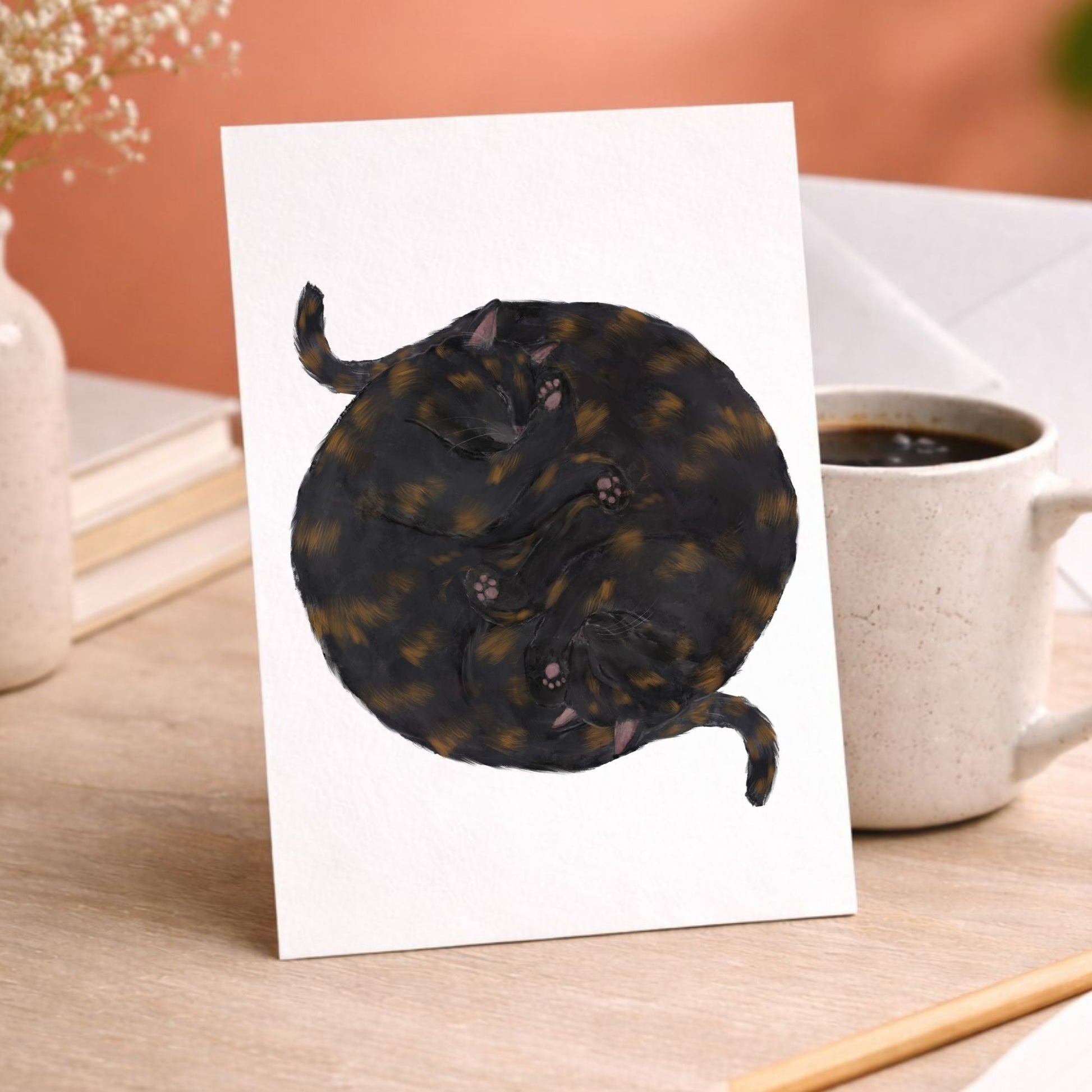 Sleeping Tortoiseshell Cats Postcards - MerikaArt