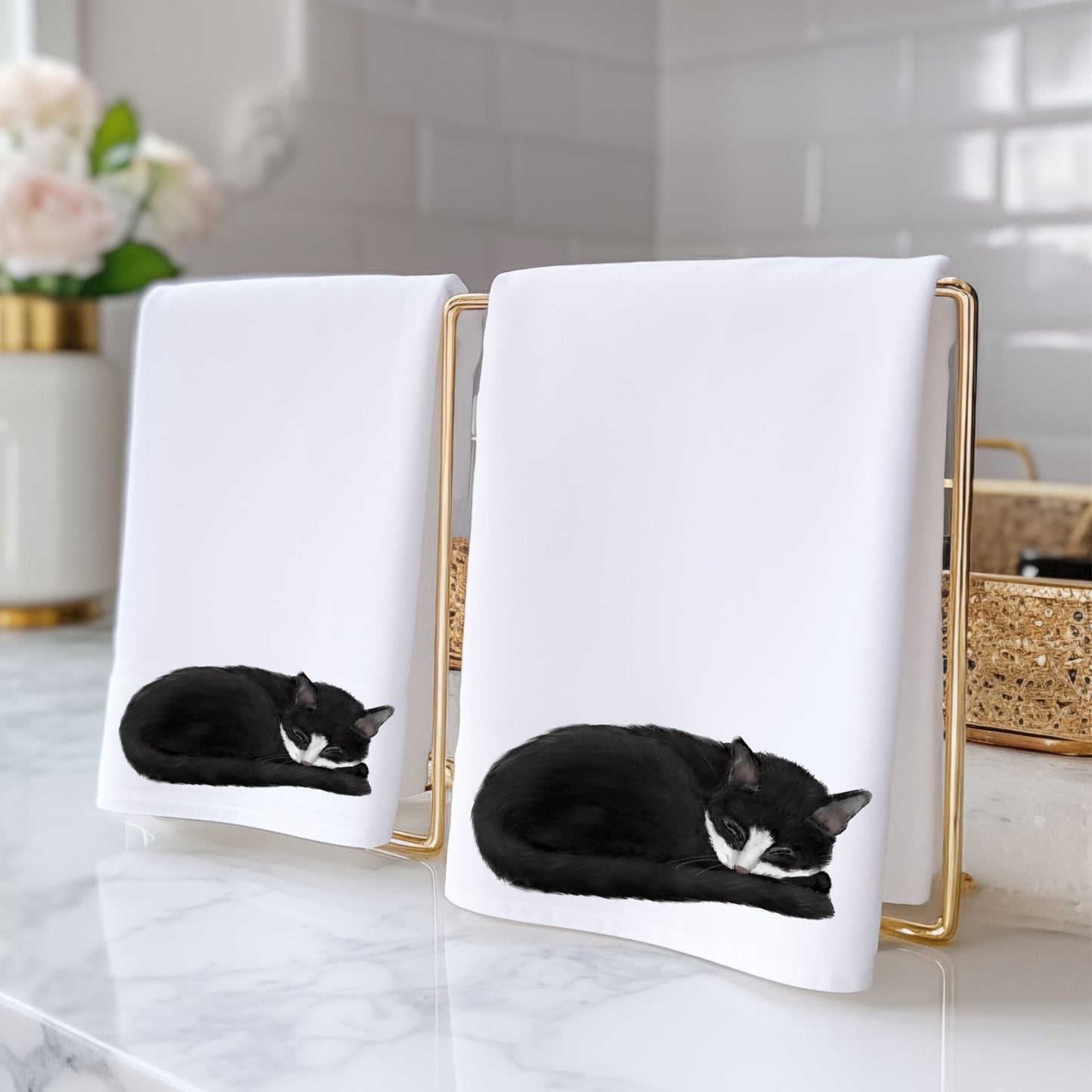 Sleeping Tuxedo Cat Bathroom Towel - MerikaArt