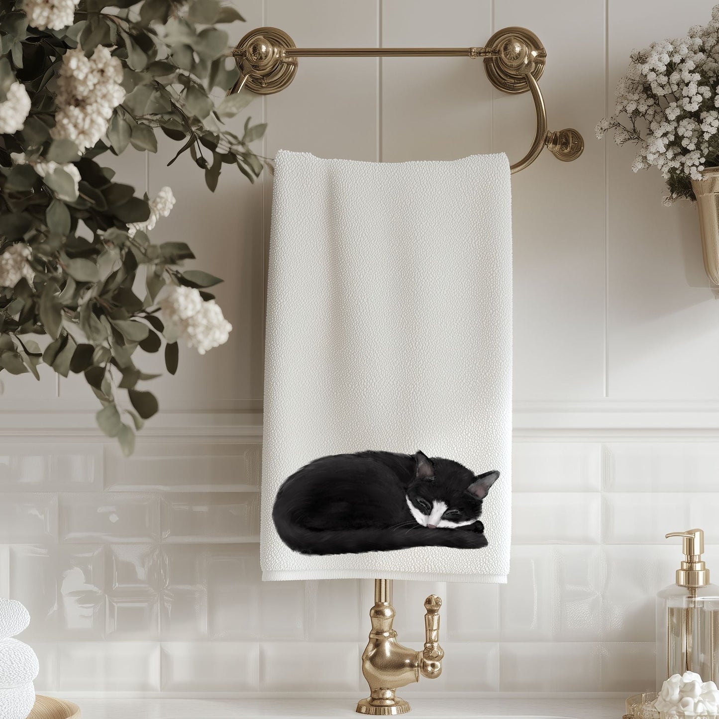 Sleeping Tuxedo Cat Bathroom Towel - MerikaArt