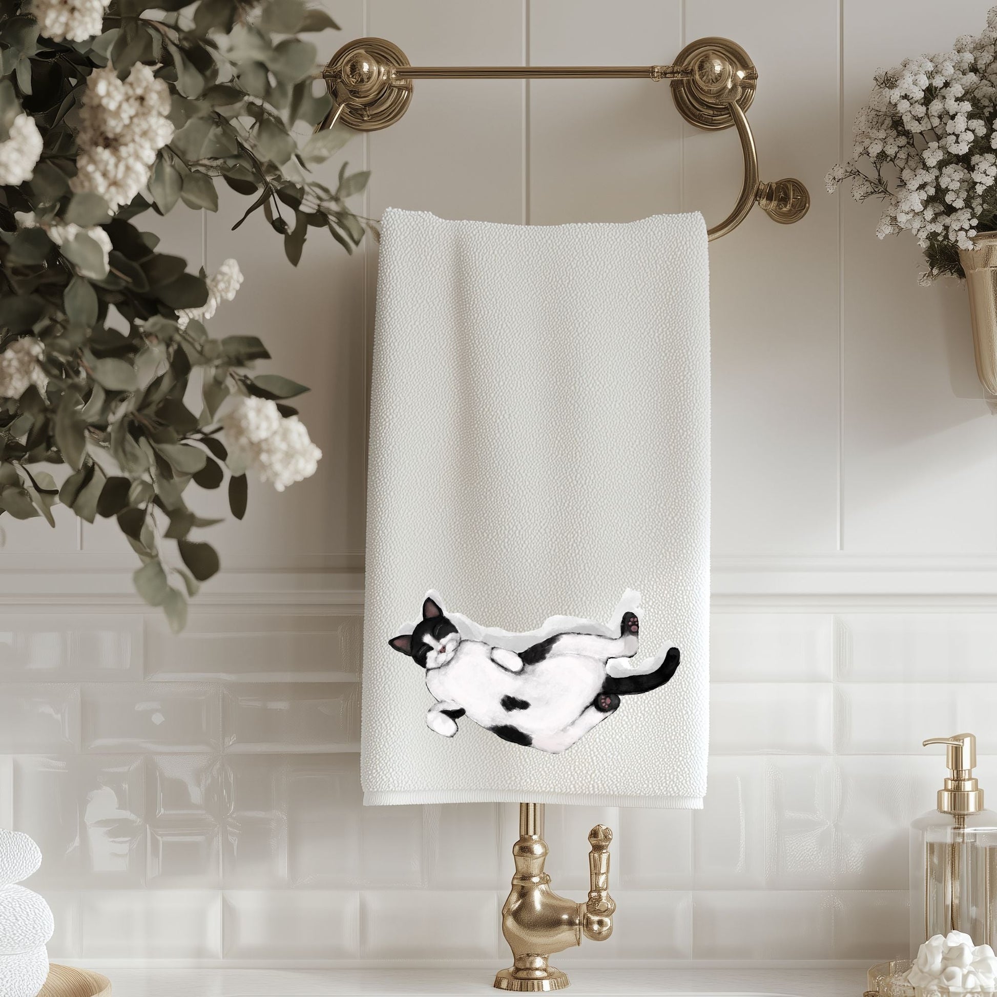 Sleeping Tuxedo Cat Bathroom Towel - MerikaArt