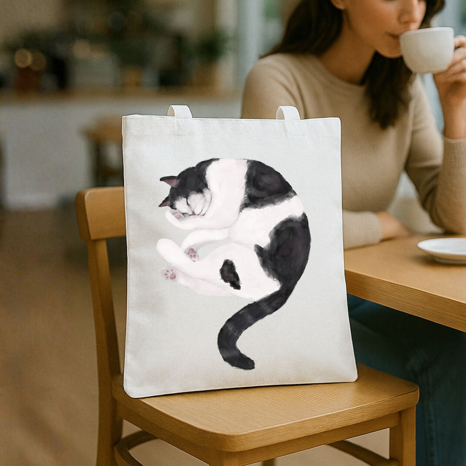 Sleeping Tuxedo Cat Canvas Tote Bag - MerikaArt