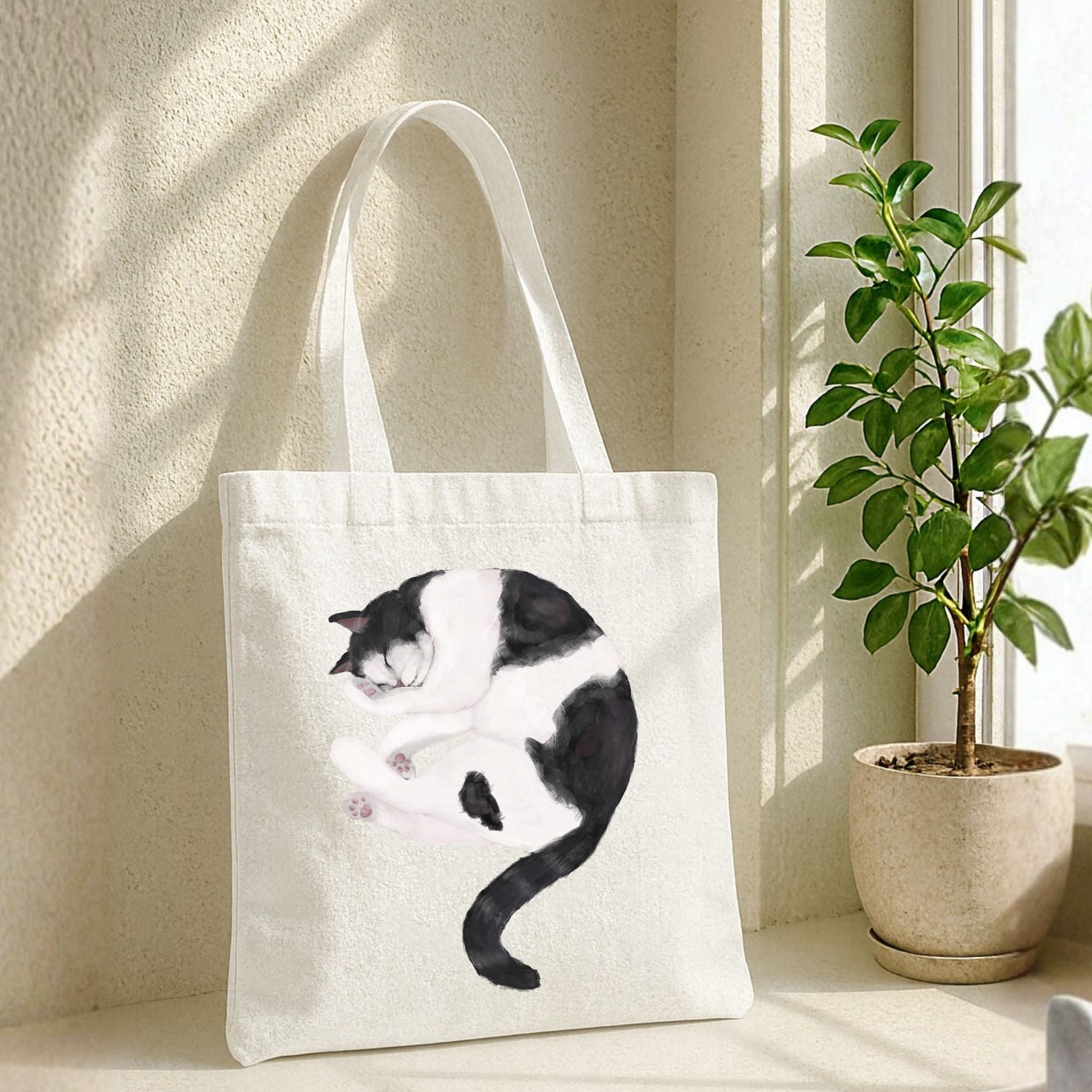 Sleeping Tuxedo Cat Canvas Tote Bag - MerikaArt