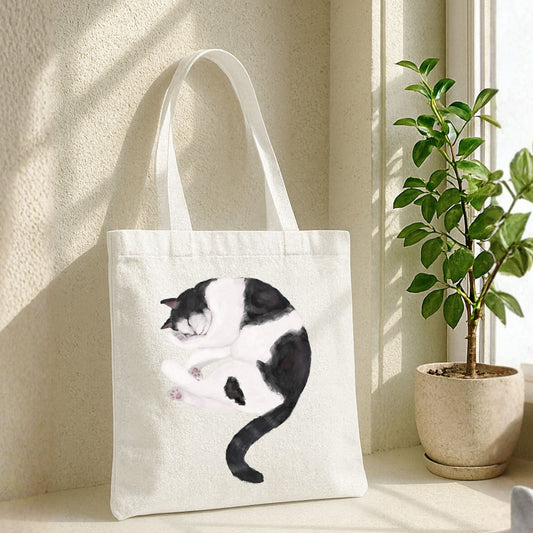 Sleeping Tuxedo Cat Canvas Tote Bag - MerikaArt