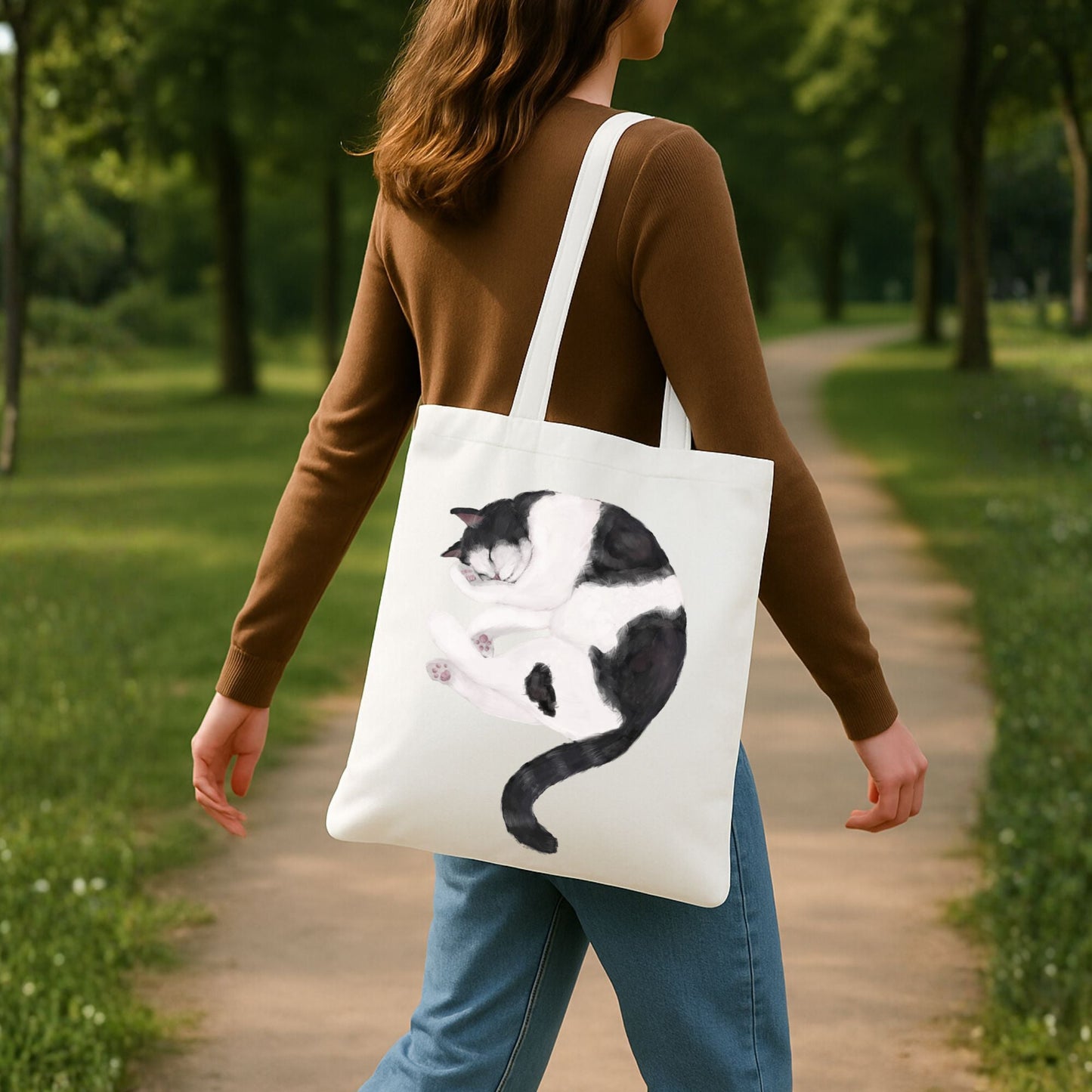 Sleeping Tuxedo Cat Canvas Tote Bag - MerikaArt
