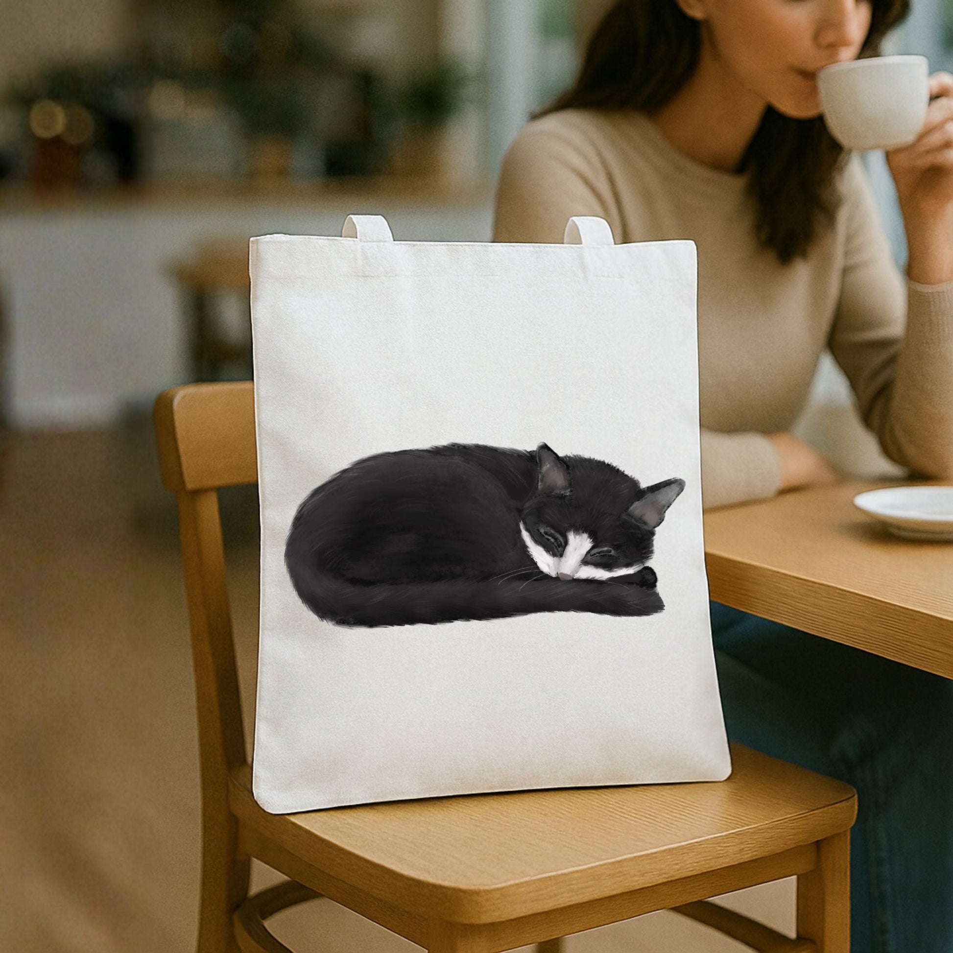 Sleeping Tuxedo Cat Canvas Tote Bag - MerikaArt
