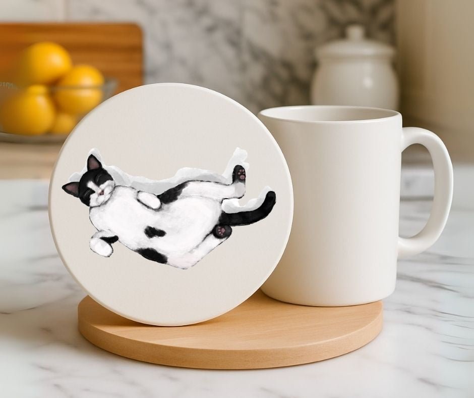Sleeping Tuxedo Cat Ceramic Coaster - MerikaArt