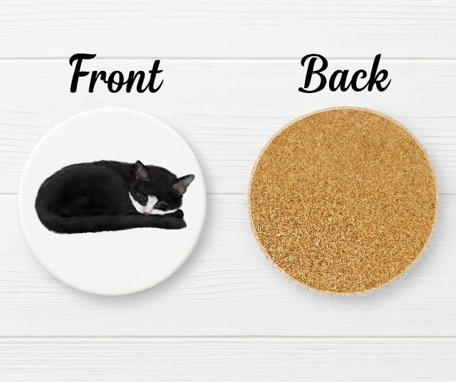 Sleeping Tuxedo Cat Ceramic Coaster - MerikaArt