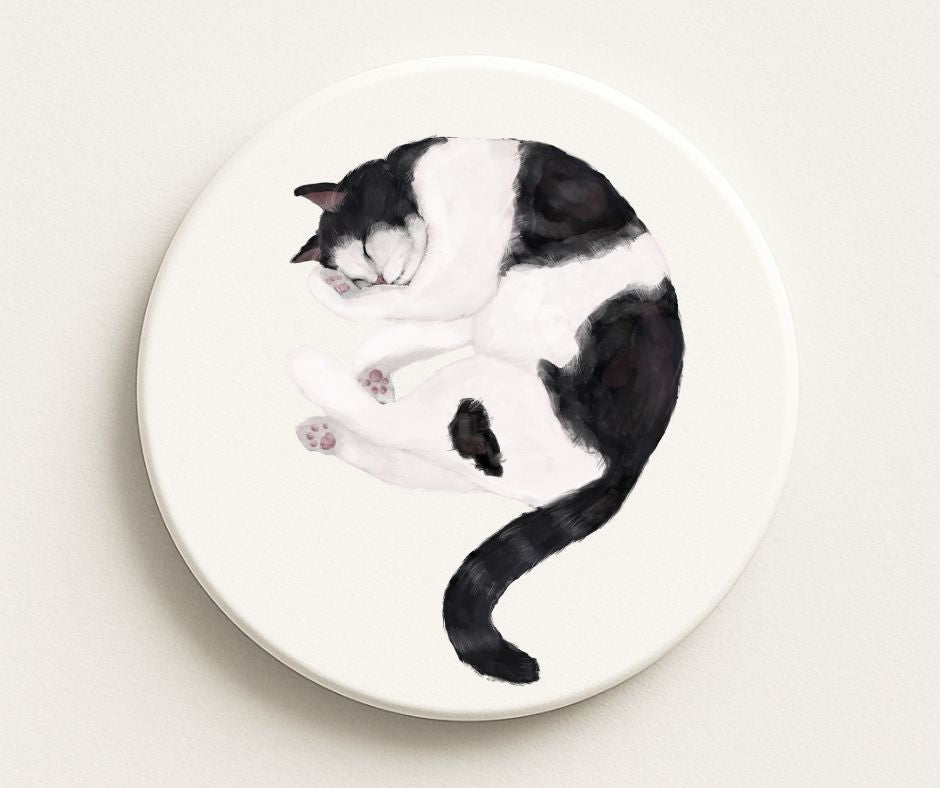 Sleeping Tuxedo Cat Ceramic Coaster - MerikaArt