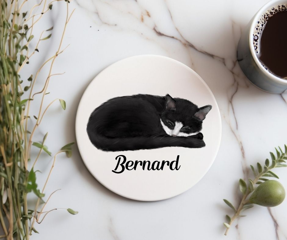 Sleeping Tuxedo Cat Ceramic Coaster - MerikaArt