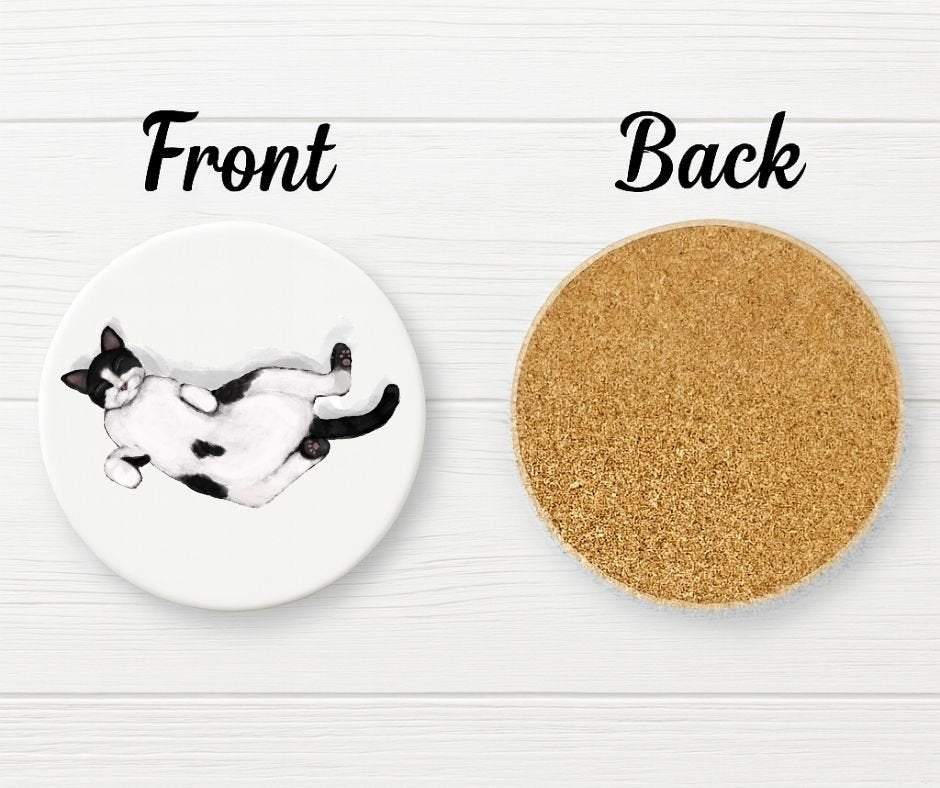 Sleeping Tuxedo Cat Ceramic Coaster - MerikaArt