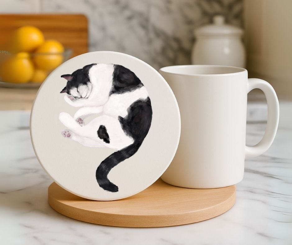 Sleeping Tuxedo Cat Ceramic Coaster - MerikaArt