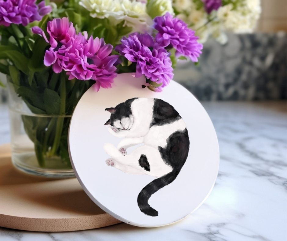 Sleeping Tuxedo Cat Ceramic Coaster - MerikaArt