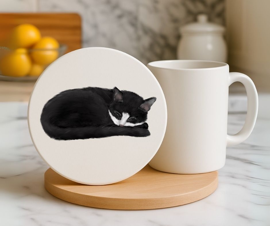 Sleeping Tuxedo Cat Ceramic Coaster - MerikaArt