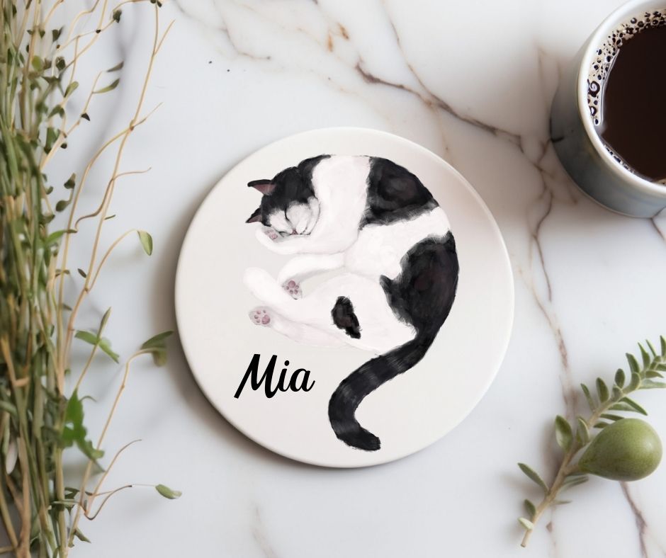Sleeping Tuxedo Cat Ceramic Coaster - MerikaArt