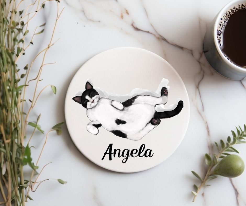 Sleeping Tuxedo Cat Ceramic Coaster - MerikaArt