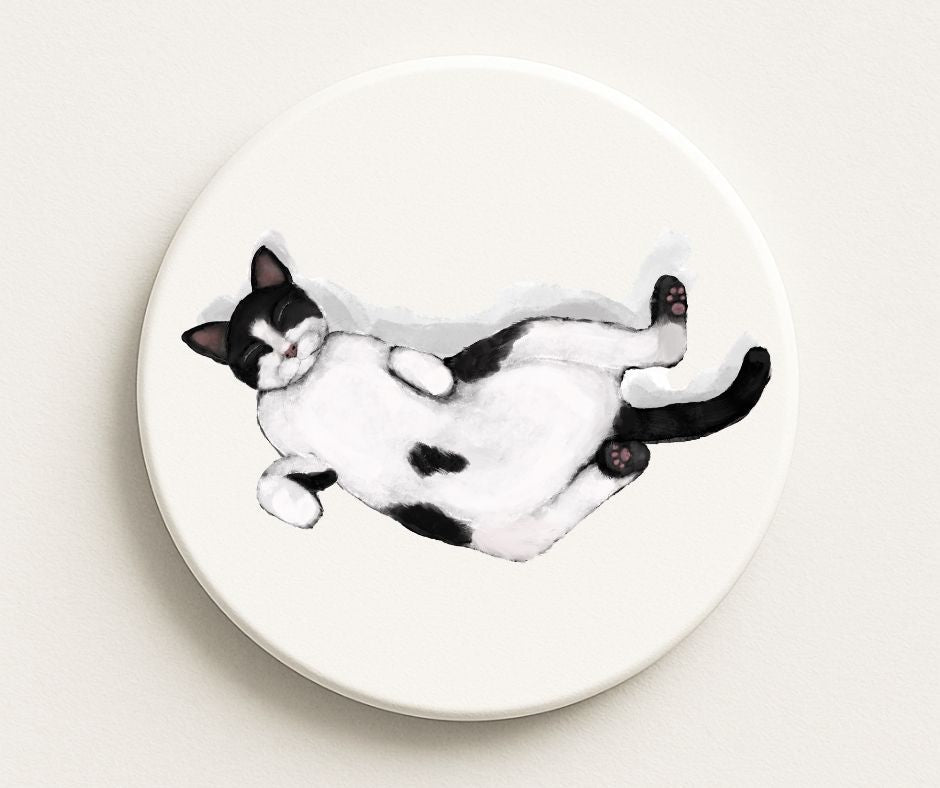 Sleeping Tuxedo Cat Ceramic Coaster - MerikaArt