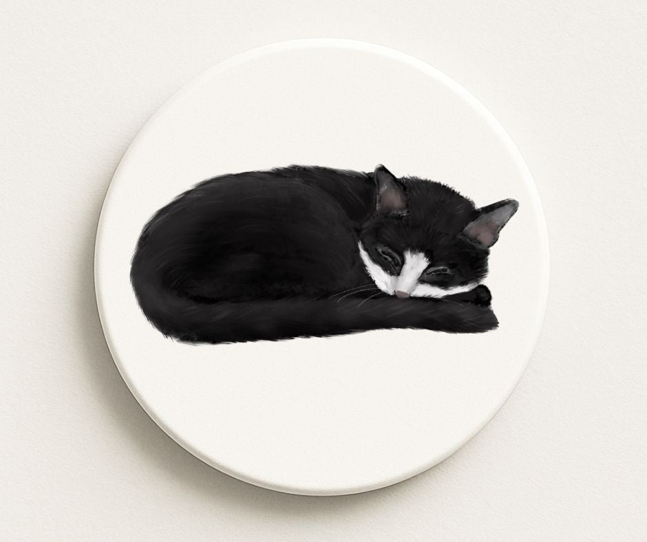 Sleeping Tuxedo Cat Ceramic Coaster - MerikaArt