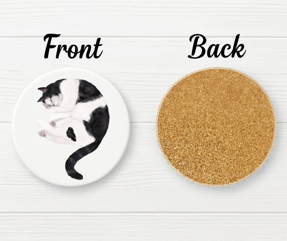 Sleeping Tuxedo Cat Ceramic Coaster - MerikaArt