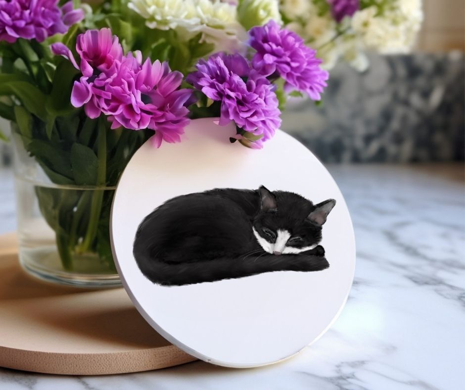 Sleeping Tuxedo Cat Ceramic Coaster - MerikaArt