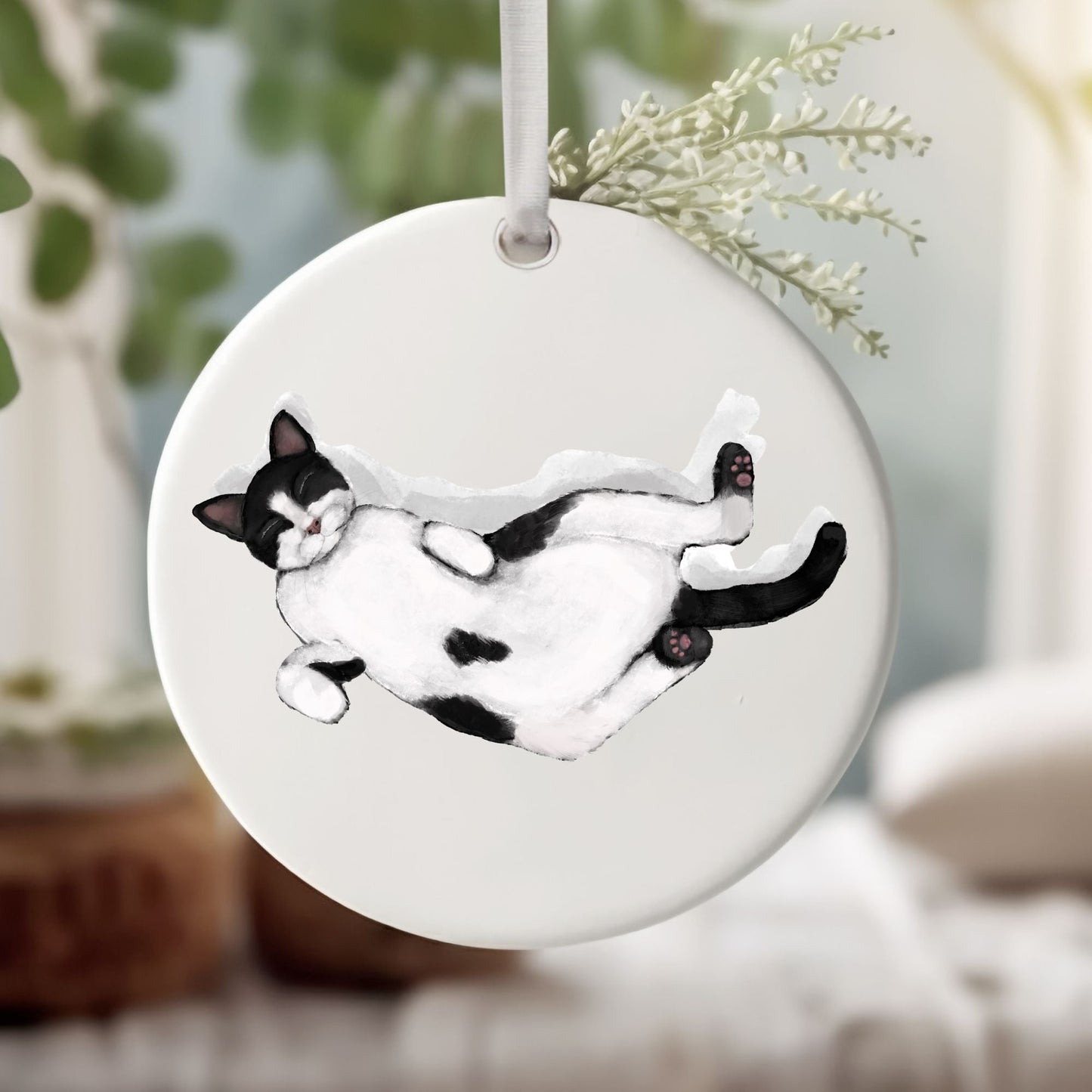 Sleeping Tuxedo Cat Ceramic Ornament - MerikaArt