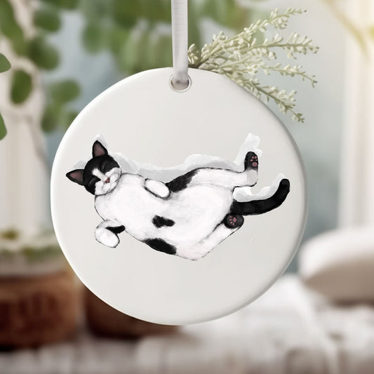 Sleeping Tuxedo Cat Ceramic Ornament - MerikaArt