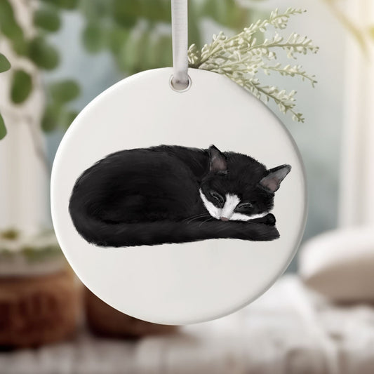 Sleeping Tuxedo Cat Ceramic Ornament - MerikaArt