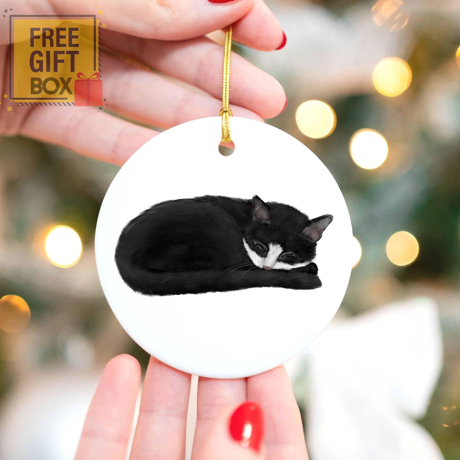 Sleeping Tuxedo Cat Ceramic Ornament - MerikaArt