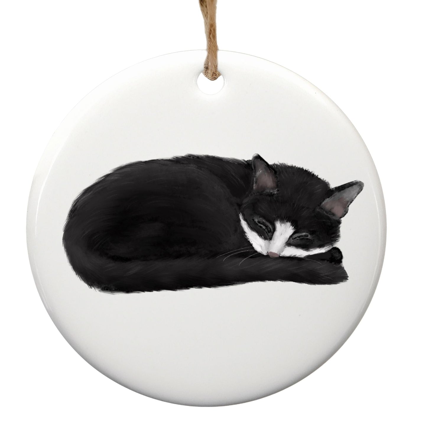 Sleeping Tuxedo Cat Ceramic Ornament - MerikaArt
