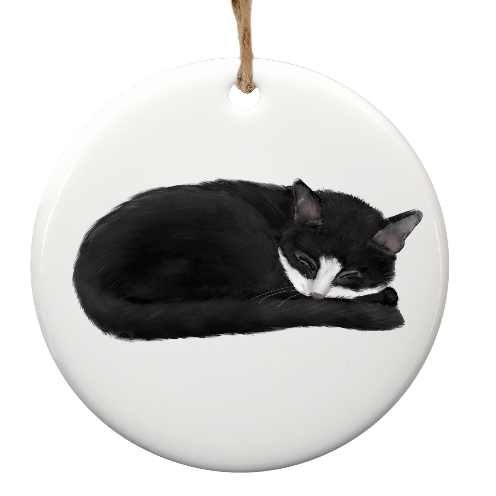 Sleeping Tuxedo Cat Ceramic Ornament - MerikaArt