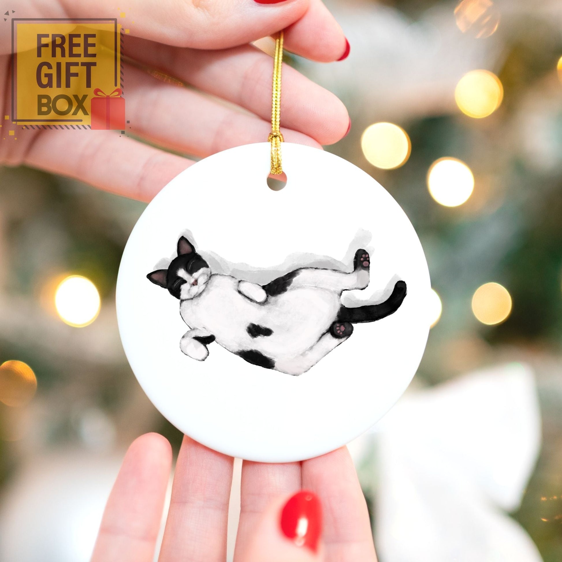Sleeping Tuxedo Cat Ceramic Ornament - MerikaArt