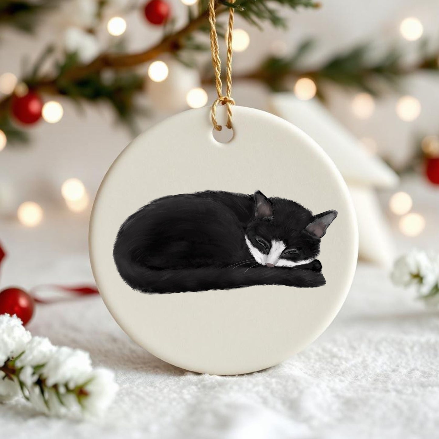 Sleeping Tuxedo Cat Ceramic Ornament - MerikaArt