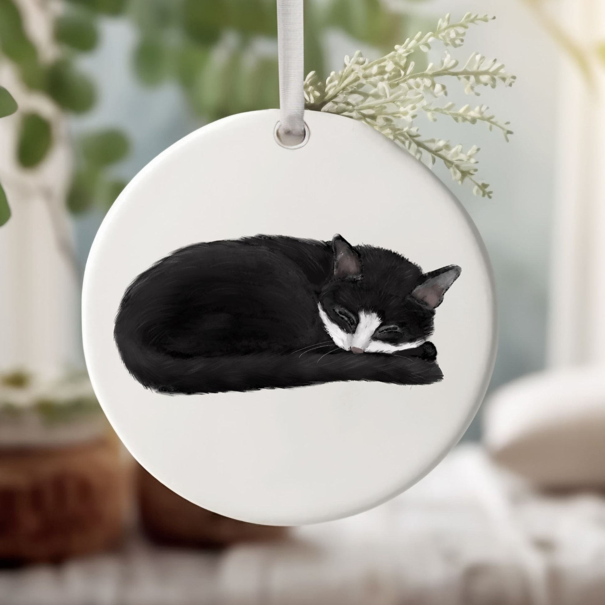 Sleeping Tuxedo Cat Ceramic Ornament - MerikaArt