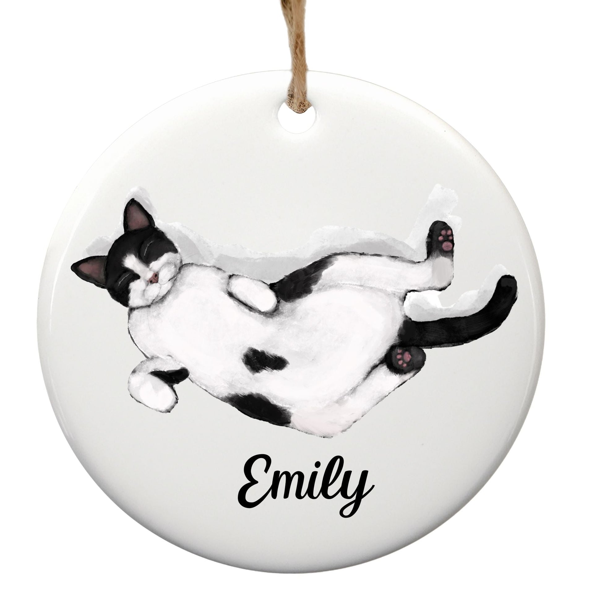 Sleeping Tuxedo Cat Ceramic Ornament - MerikaArt