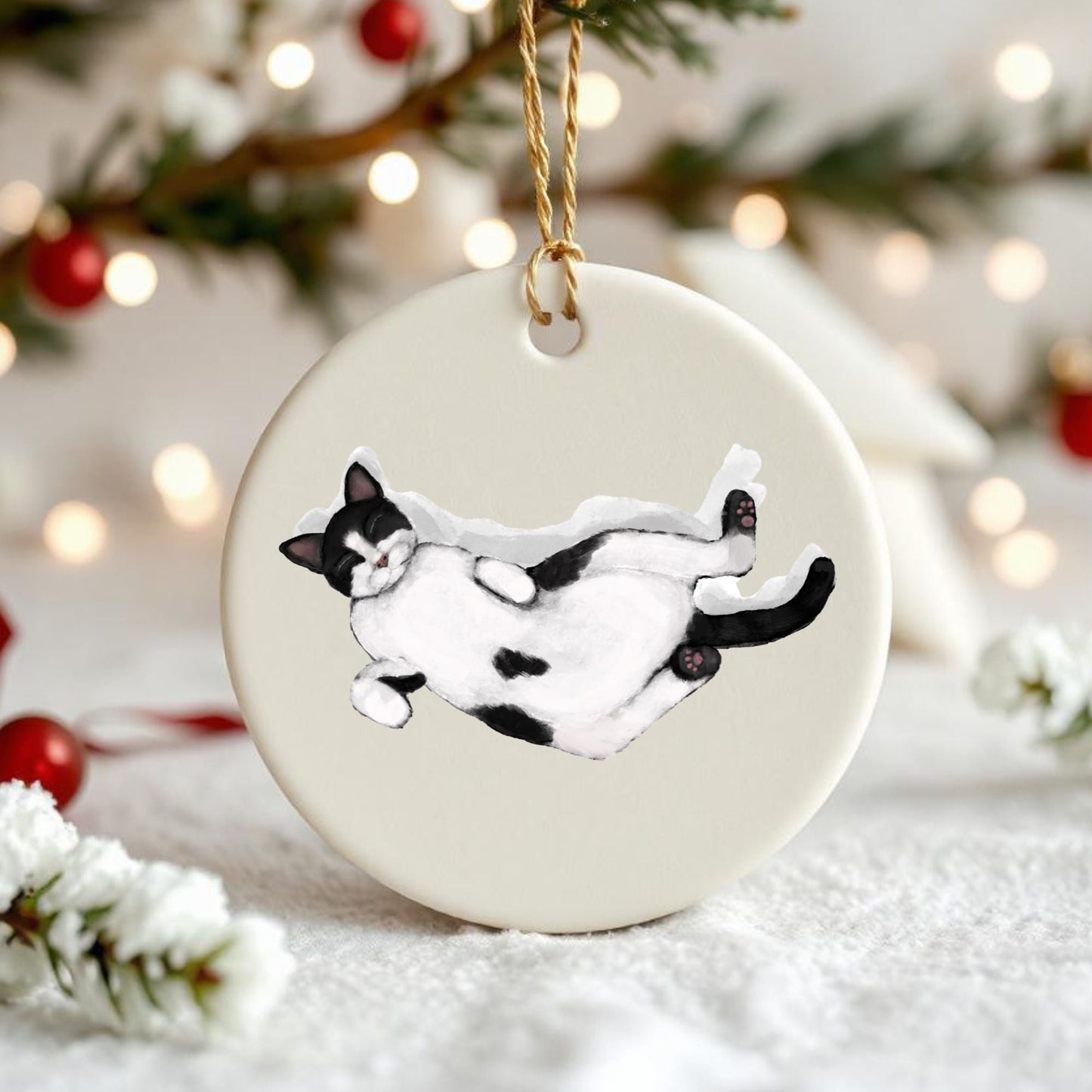 Sleeping Tuxedo Cat Ceramic Ornament - MerikaArt