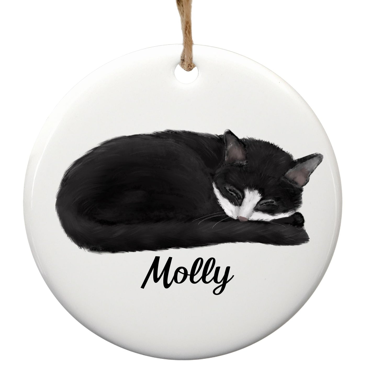 Sleeping Tuxedo Cat Ceramic Ornament - MerikaArt